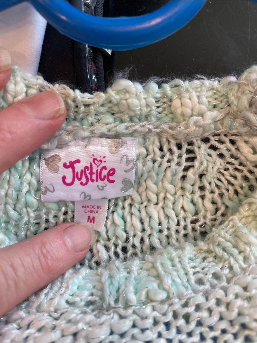 Fringed Knit Poncho  Sweater in Pastel Mint and Cream justice medium